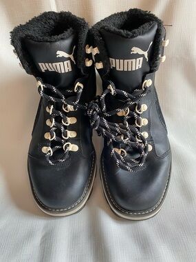 Puma Black and Cream Lace-Up Shearling Ankle Boots